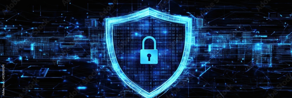 Poster digital icon of a shield with a lock representing cyber security and data protection