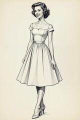 Elegant woman in retro dress, classic 1950s style, black and white illustration, vintage fashion