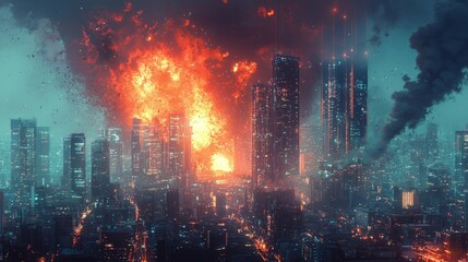 Fototapeta premium Explosive Urban Catastrophe in a Modern Cityscape at Night