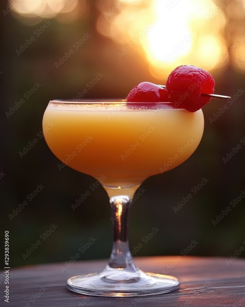 Poster elegant cocktail with fresh raspberries at sunset creating a warm and inviting atmosphere in a bar s