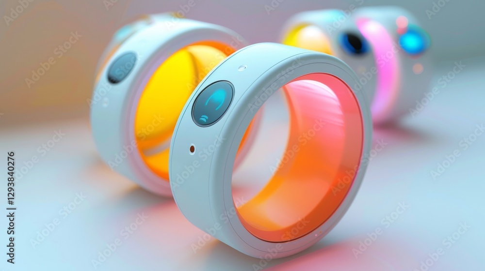 Poster Modern wearable tech is highlighted at an urban technology expo featuring colorful designs and interactive functionalities to engage attendees. Visitors explore these advancements.
