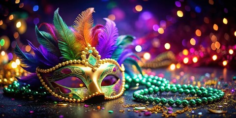 A colorful Mardi Gras mask adorned with feathers and glittering jewels lies on a velvet-lined table, surrounded by a scattering of beads and festive decorations, Feathers, Holiday Decoration