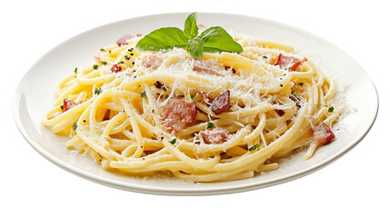 Plate of pasta carbonara with creamy sauce, pancetta, and parmesan, Italian food delight, isolated on a white background