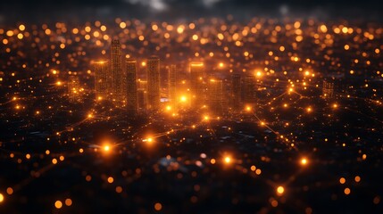 Illuminated Cityscape Network Showing Interconnected Buildings
