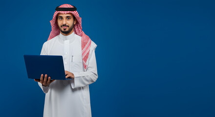 arab saudi man with laptop isolated background