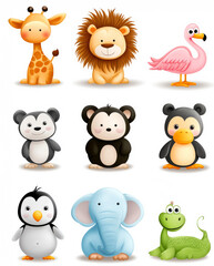 Naklejka premium A collection of adorable cartoon animal illustrations featuring a giraffe, lion, flamingo, panda, monkey, penguins, elephant, and a green lizard.