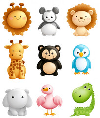 A delightful set of cartoon-style animal illustrations featuring a lion, panda, giraffe, monkey, penguin, flamingo, sheep, and a green dinosaur. 