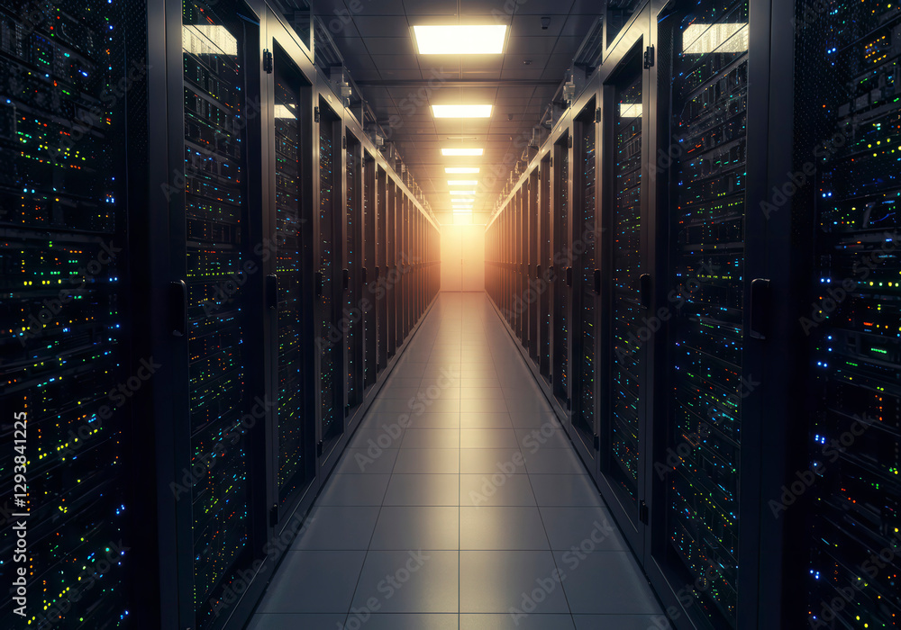 Poster futuristic data center with endless rows of servers and blinking lights indicating high-speed proces