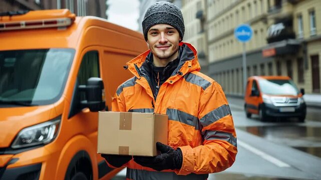 A delivery courier braves the inclement weather while delivering products down a busy metropolitan street while wearing a bright orange jacket.