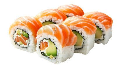 Fresh sushi rolls with salmon, avocado, and rice, traditional Japanese dish, isolated on a white background