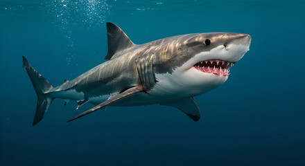 Fototapeta premium Great white shark swimming in deep blue ocean water. Dangerous marine predator showing teeth. Powerful sea creature in natural habitat. Wildlife underwater scene for education and nature