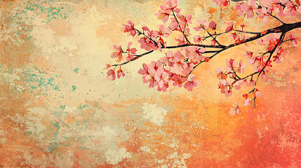 Vintage Cherry Blossom Branch on Textured Background