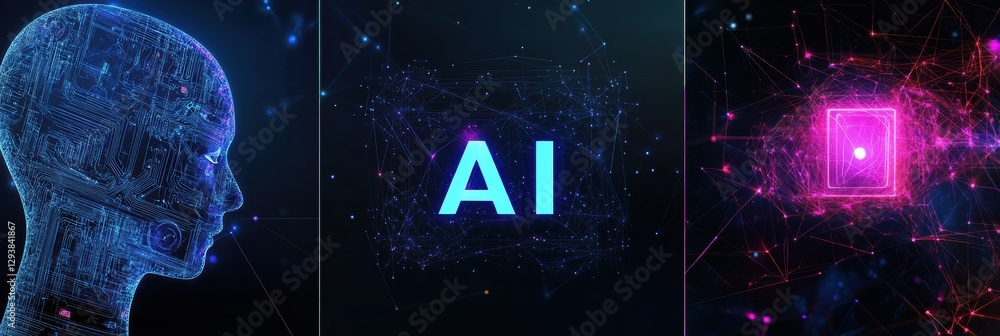 Poster visual representation of artificial intelligence concepts in a digital landscape