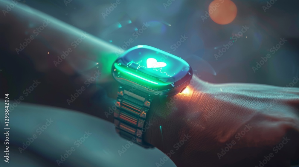 Aufkleber a person is wearing a smartwatch that lights up, showing heart rate and health metrics. the setting 