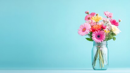 Fototapeta premium Bright and Colorful Floral Arrangement in a Jar Against a Soft Blue Background, Perfect for Spring and Nature-Themed Designs and Marketing Materials