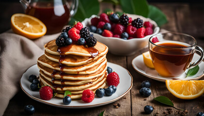 Pancakes with Berries and Tea