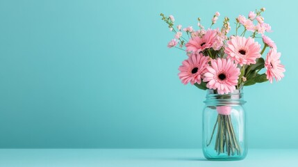 Fototapeta premium Fresh Pink Gerbera Daisies in Glass Jar Against Turquoise Background for Bright and Cheerful Floral Arrangement