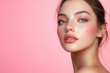 Fototapeta premium Beautiful young woman with natural makeup posed against a pink background