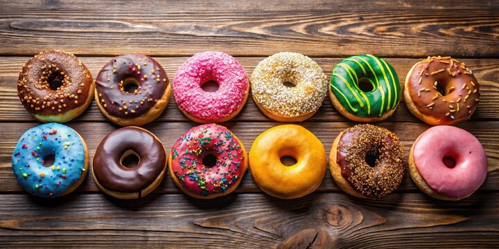 A colorful array of assorted donuts in a neat row on a wooden table, sweet treats, array,  sweet treats