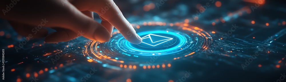 Poster interactive digital scene showing a hand tapping a bright blue email icon button
