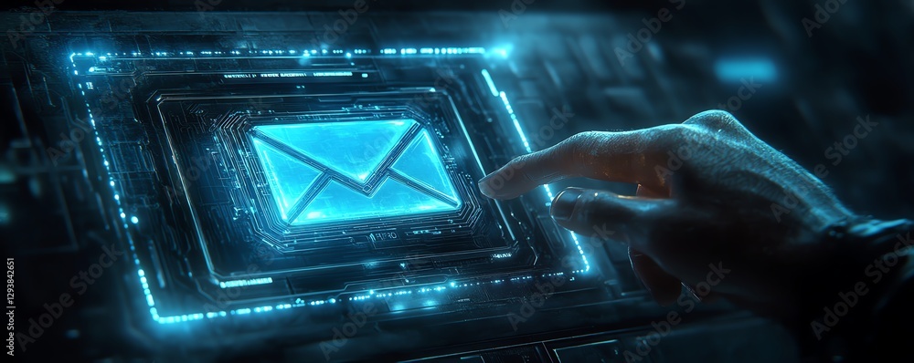 Aufkleber modern digital scene of a hand tapping a glowing blue email button on a sophisticated touchscreen in