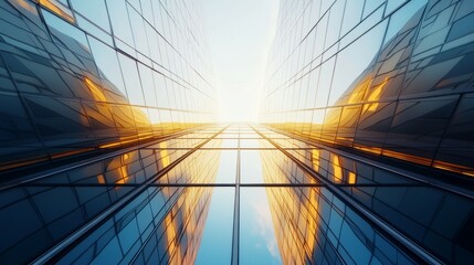 Fototapeta premium Dramatic Perspective of Skyscrapers with Reflection and Light Effect