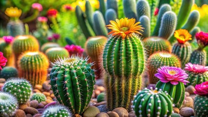 A lush green cactus plant with vibrant flowers grows amidst a garden of similar plants, flower