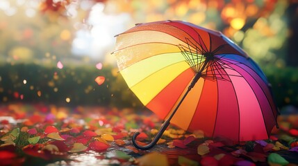 Rainbow Umbrella Floating in Sunlit Forest: A Magical Scene