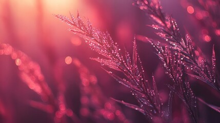 Glistening dew on grass blades glowing warmly under soft morning light, captured in a crisp macro view