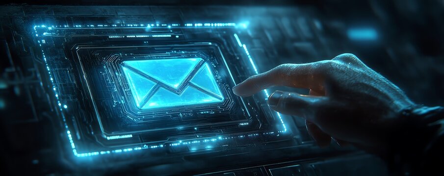 Modern digital scene of a hand tapping a glowing blue email button on a sophisticated touchscreen interface