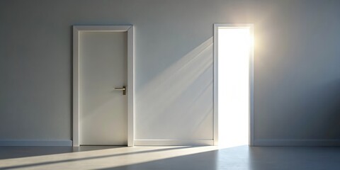 A single door with a small opening, allowing a beam of light to flood in from outside , doorway