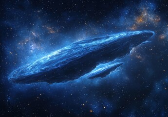 Fototapeta premium A mesmerizing spaceship glides through a cosmic landscape filled with stars and nebulae, illuminated by a radiant blue glow.