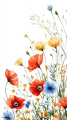 Fototapeta premium Watercolor Floral Arrangement Featuring Vibrant Poppies and Delicate Wildflowers on White Background
