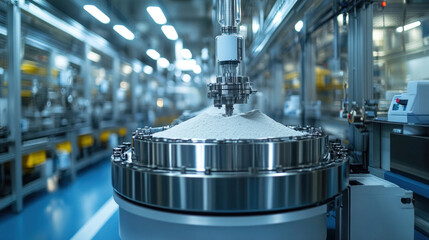 Bulk powder medicine factory, massive automated weighing and mixing machines, sterile conveyor lines transferring active pharmaceutical ingredients