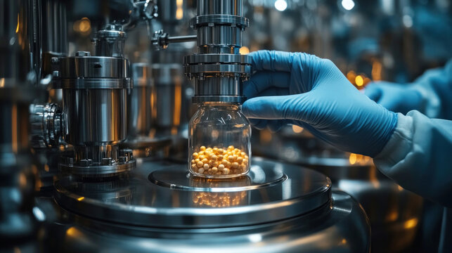 Bulk drug manufacturing plant with massive stainless steel reactors, automated mixing of pharmaceutical compounds, quality control technicians ensuring purity