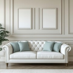 Fototapeta premium Elegant living room interior with white sofa light blue pillows and decorative wall panels for a modern home design showcasing luxury and style
