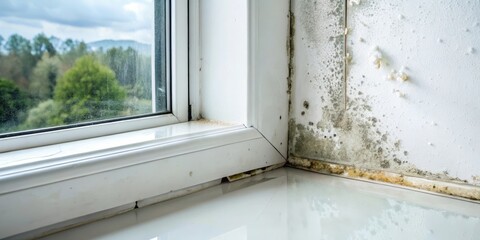 Mould growth on plastic window corner, bathroom hygiene