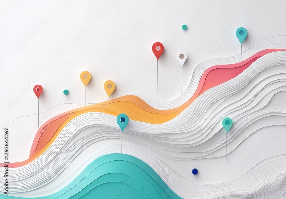 Aufkleber a vibrant abstract design featuring colorful waves and location pins, creating a sense of movement a
