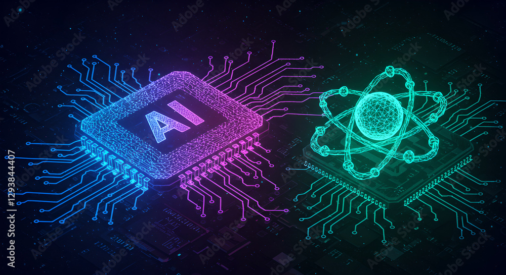 Poster neon artificial intelligence and atom symbols on digital circuit background. modern technology conce