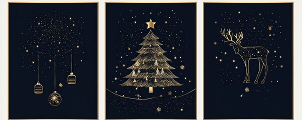 Naklejka premium A festive trio of golden Christmas-themed images featuring ornaments, a decorated tree, and a reindeer against a dark background.