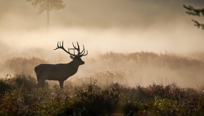 Mystical Red Deer Stag in Enchanting Misty Silhouette at Twilight, Showcasing the Majestic Beauty and Dramatic Landscape of a Wild Woodland