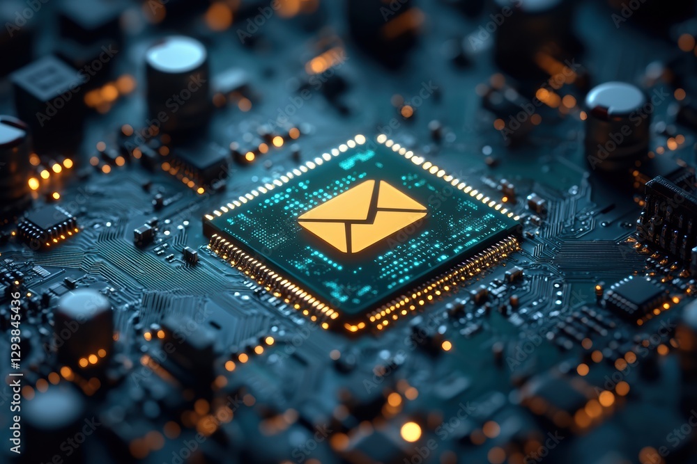 Poster detailed graphic layout for computer advertising with an electronic circuit board design