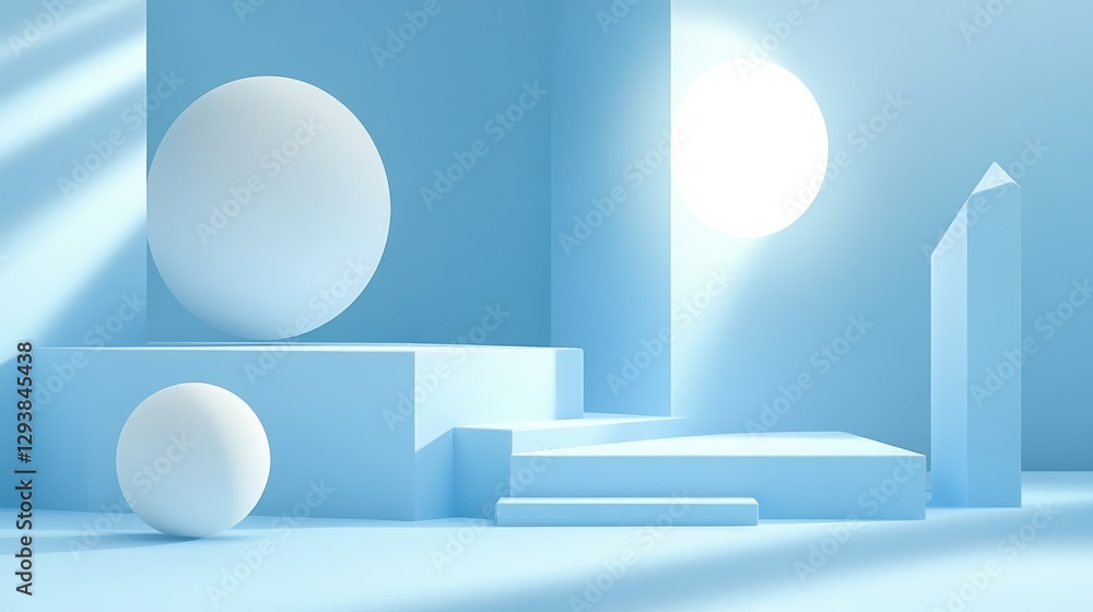 Aufkleber a serene, minimalistic scene featuring geometric shapes in soft blue tones, illuminated by gentle li