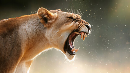 Fototapeta premium Roaring lioness in the African wilderness, powerful big cat displaying sharp fangs and fierce expression under golden sunlight and falling rain