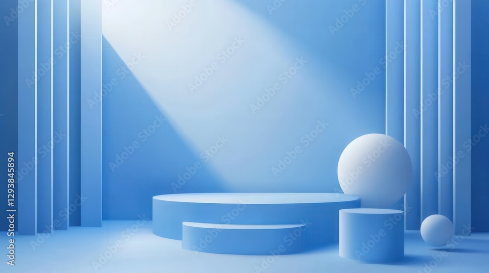 Poster a serene blue backdrop featuring geometric shapes and soft lighting, creating a modern and minimalis