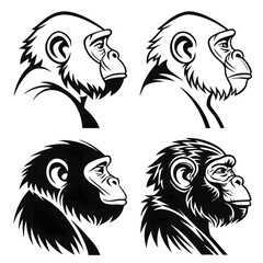 Naklejka premium Monkey Head Side Profile Vector Set – Black and White Gorilla Illustration