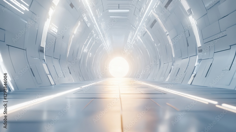 Poster a futuristic tunnel illuminated by bright light at the end, featuring sleek, metallic walls and a sm
