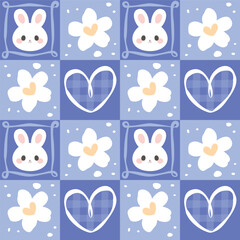 Seamless pattern of check plaid with white little rabbit, hearts, and flower is a cute and childish pattern. Pattern design for children fabric, wrapping paper, wallpaper and fashion prints.