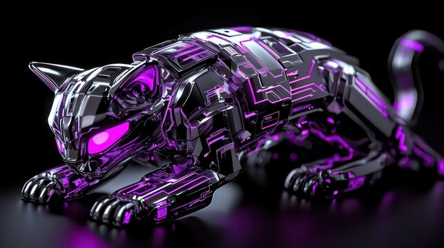 A Glowing Robotic Cat Digitally Rendered In Beautiful Purple Colors