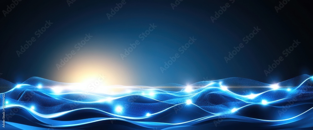 Poster a serene blue ocean wave scene illuminated by soft light, creating a tranquil and mesmerizing atmosp